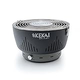 KEKAI Barbecue a carbone portatile da tavolo Crater 35 x 35 x 25 cm con ciotola raccoglie grasso ventilatore a batteria per accelerare le braci e griglia rimovibile senza fumi, colore grigio