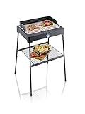 SEVERIN PG 8566 Barbecue elettrico 2200W in acciaio inox con stand con mensola, Grill elettrico temperatura regolabile fino a 250 °C, Griglia da tavolo per interni ed esterni, Nero